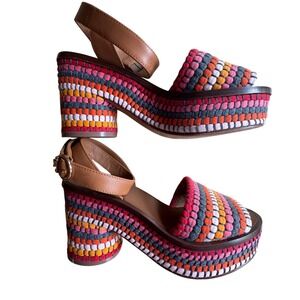 $350 TORY BURCH Paloma Woven Platform Sandals Leather Colorful‎ Heels SZ 6M EUC